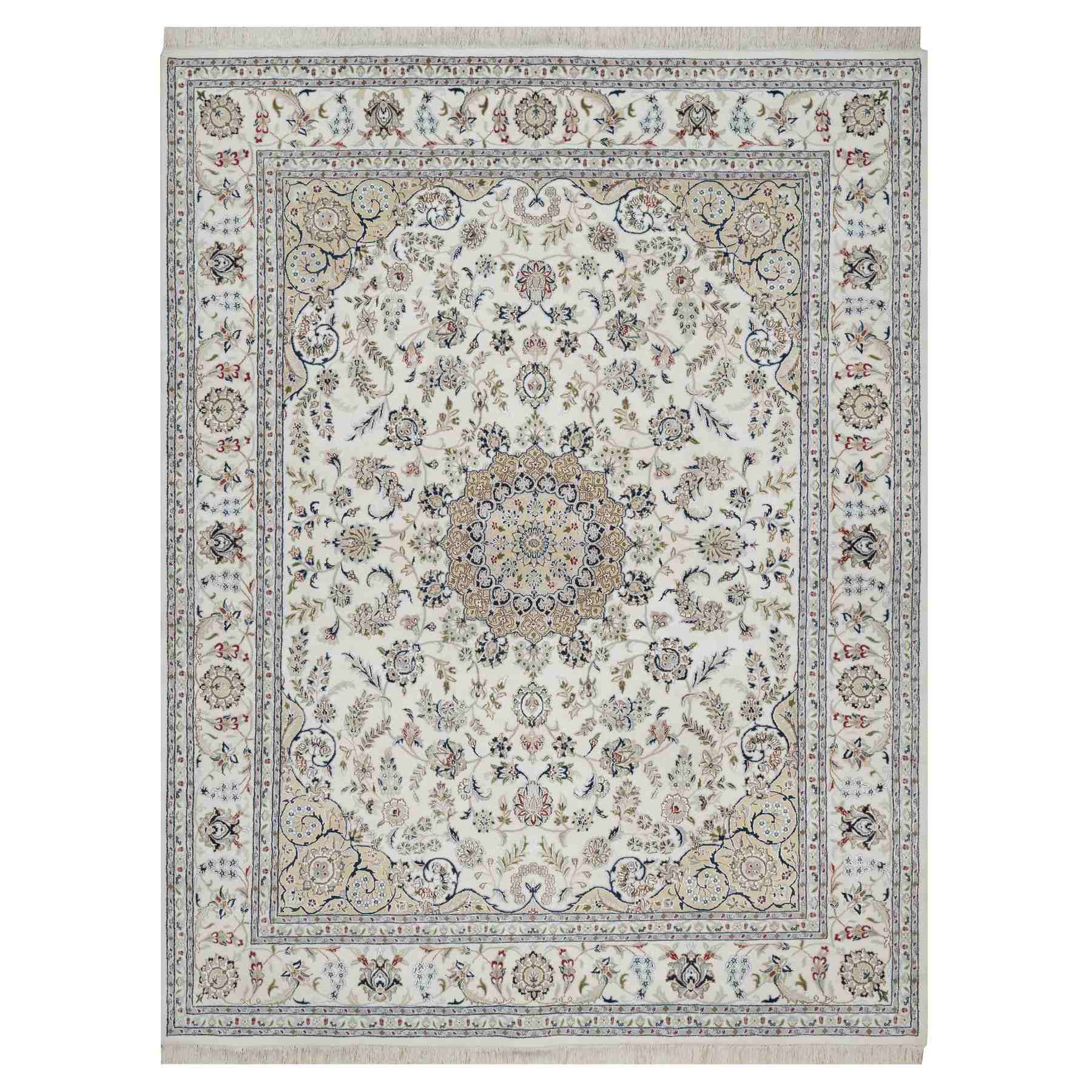 8'x10'3" Winter White, Nain with Flower Medallion Design, Hand Knotted, Wool and Silk, 250 KPSI, Soft Pile, Oriental Rug 